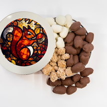 WEBSITE, PECAN FAVORITE TIN, STAIN GLASS SQUIRREL